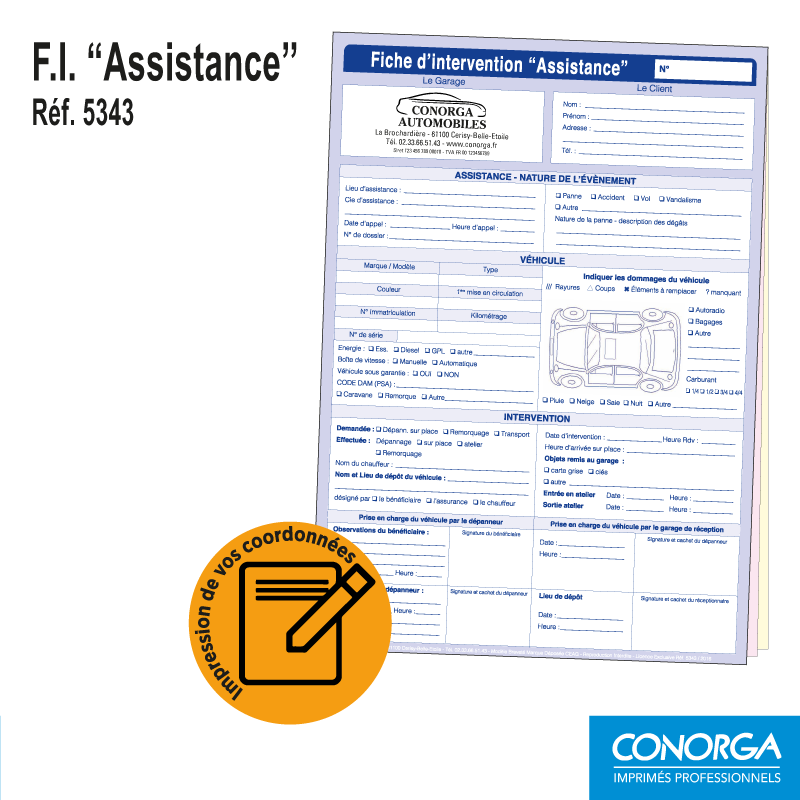 Fiche d'Intervention Assistance dépannage remorquage personnalisée (nom, coordonnées, logo, etc.)