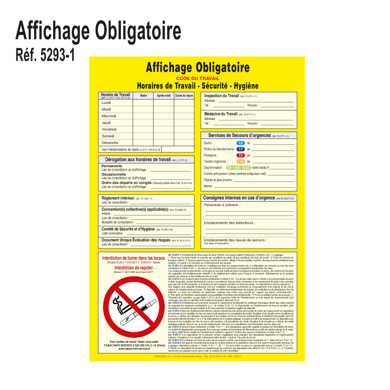 Affichage Obligatoire - Horaire de Travail / Sécurité / Hygiène